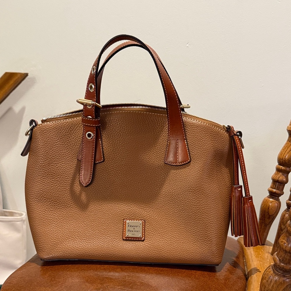 Dooney & Bourke Tan Pebbled Leather Satchel with Dark Brown Trim